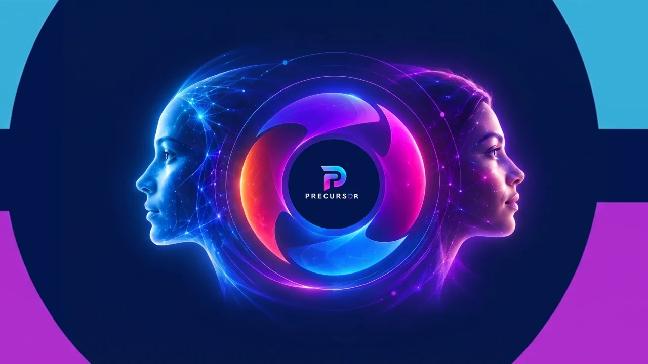 Dos perfiles humanos hechos de luz, uno azul y otro violeta, frente a frente alrededor del logo de Precursor